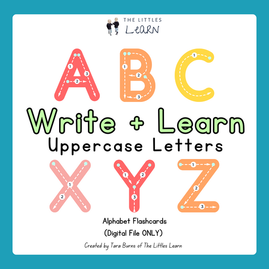 A set of colourful uppercase letter flash cards with lines for tracing the letters and to create a tactile learning experience.