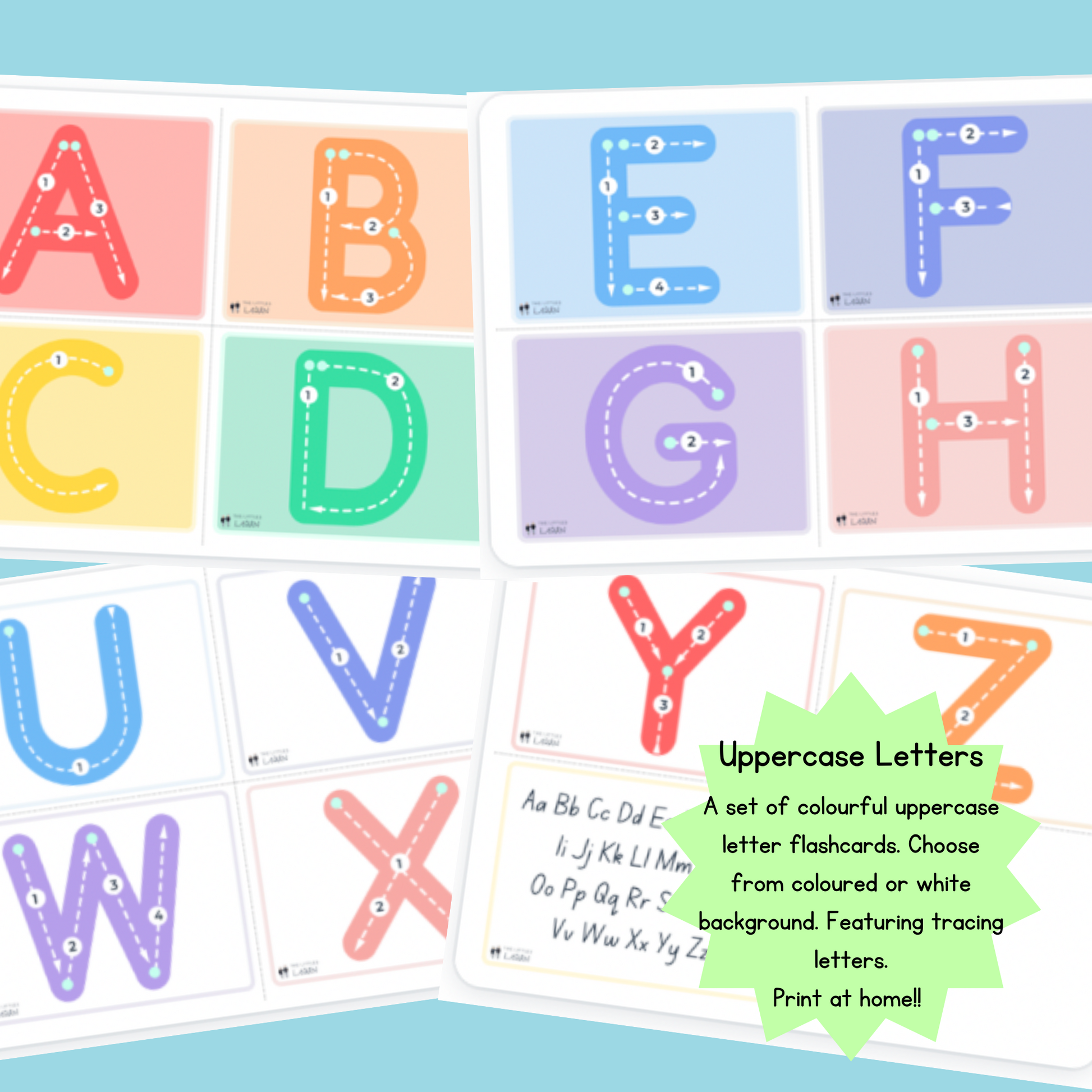 A set of colourful uppercase letter flash cards with lines for tracing the letters and to create a tactile learning experience.