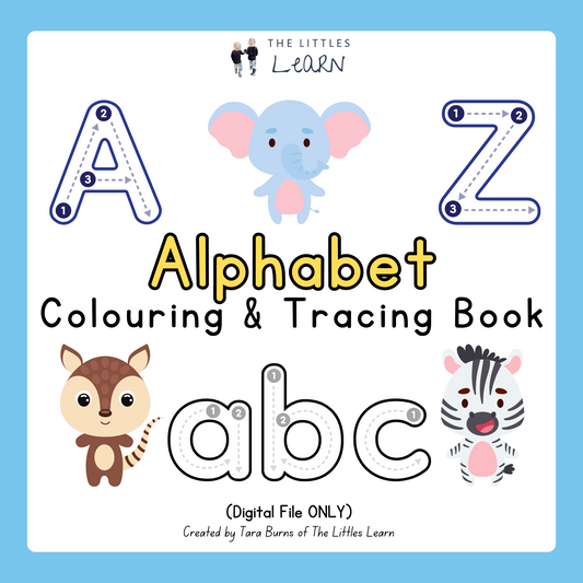 Alphabet writing and colouring in pages to print at home featuring an uppercase letter with a cute animal and letter tracing and matching activities on one page and lowercase letter with a drawing activity, letter matching and tracing activities for every letter of the alphabet totalling 53 pages including a prewriting shapes page for extra practice. 