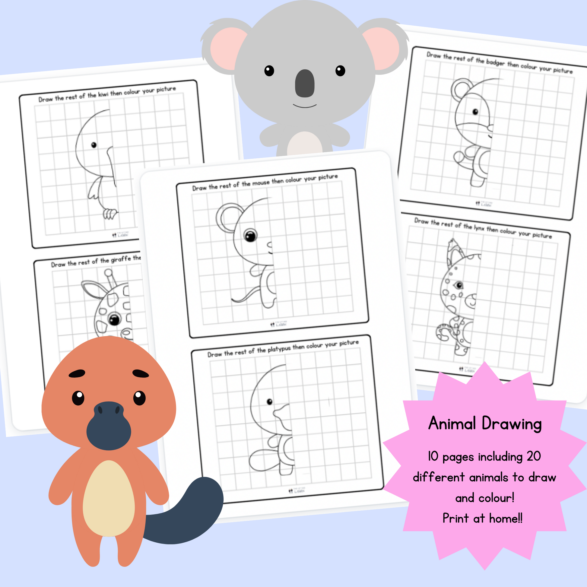 a fun drawing pack of printable pages featuring a simple grid design and half an animal for little ones to complete the drawing and then colour in.