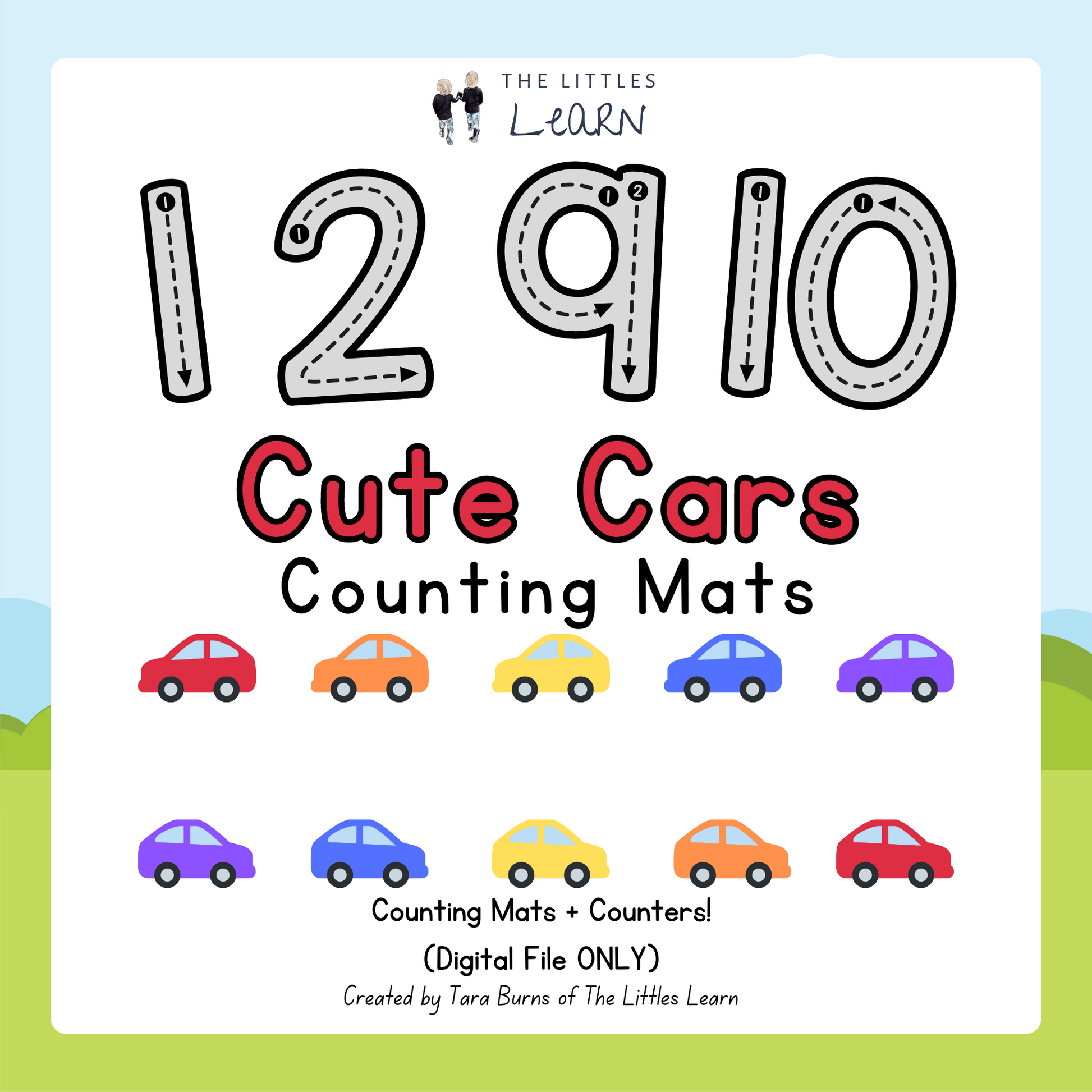 Colourful set of mats with numbers as a road design and a tens frame carpark for all the colourful car counters.