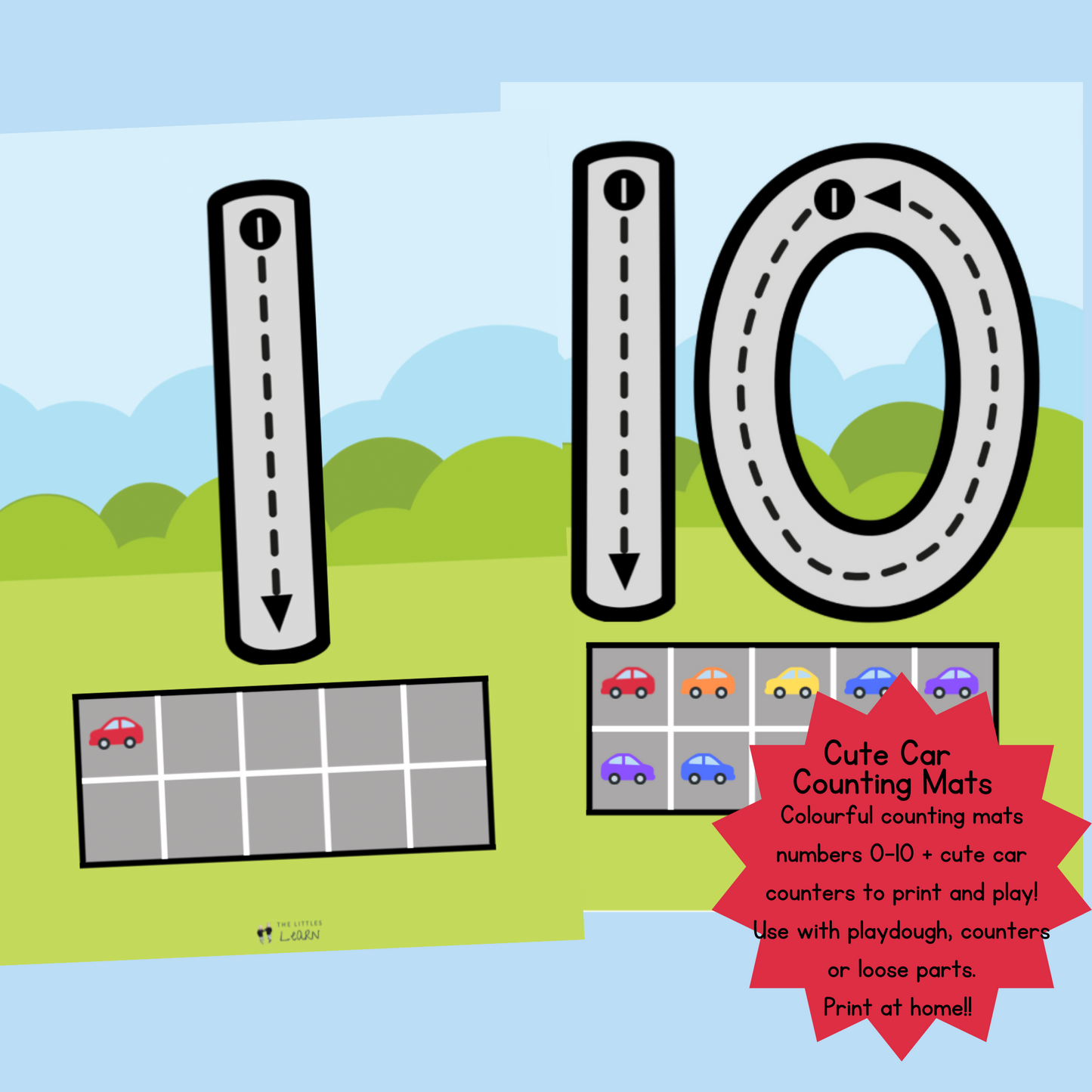 Colourful set of mats with numbers as a road design and a tens frame carpark for all the colourful car counters.