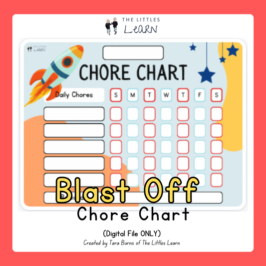 A fun bright blue, red and yellow Rocket chore chart