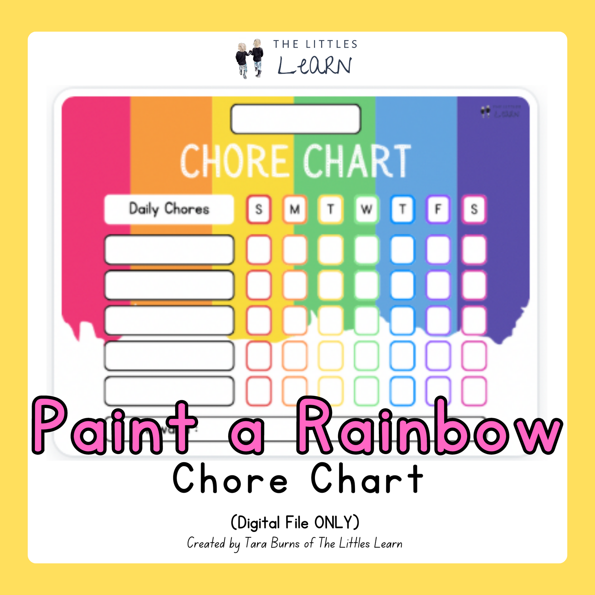 A fun chore chart with a bright bold rainbow paint drip design.