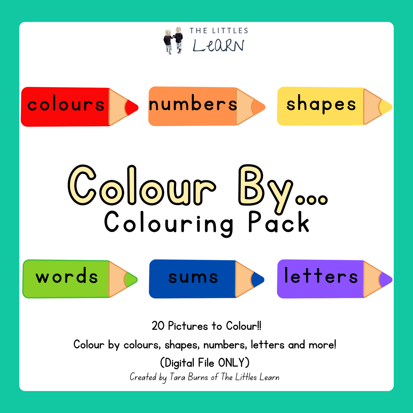 20 colouring pictures featuring bold and simple pictures to colour in using colour codes, shape matching, numbers, alphabet or words to colour in each picture.