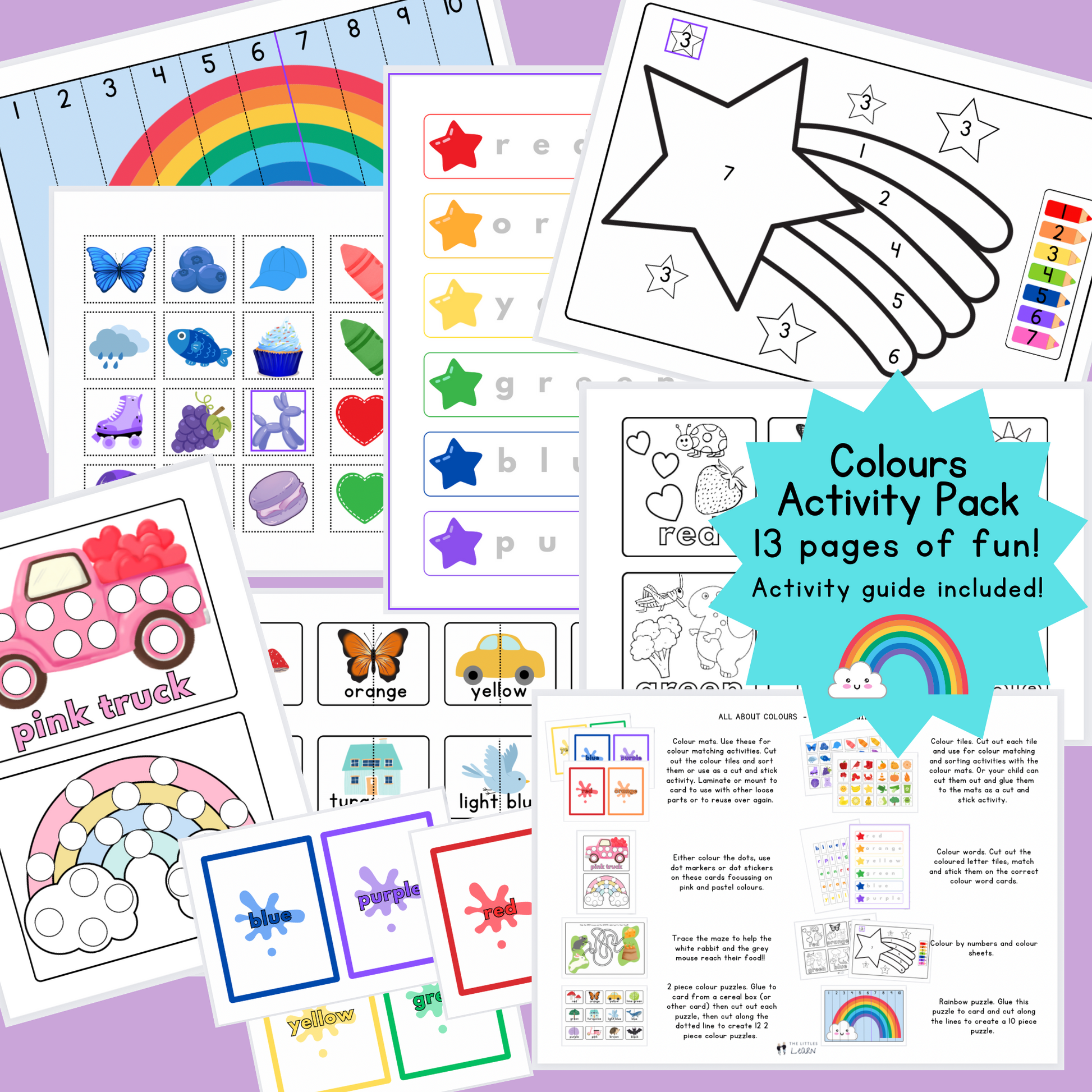 A printable pack of 13 brightly coloured activities for little ones to learn all about colours.