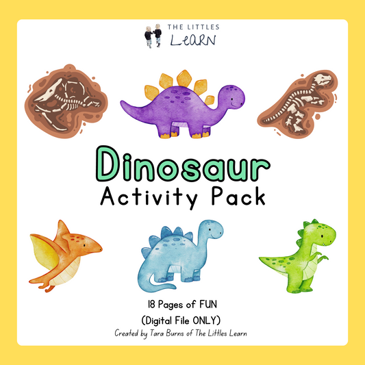 Colourful dinosaur printable activity pack for children featuring alphabet number, colour and colouring activities for kids.