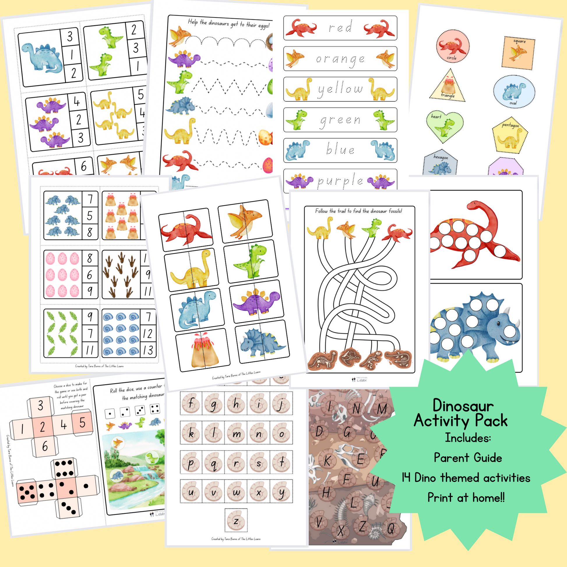 Colourful dinosaur printable activity pack for children featuring alphabet number, colour and colouring activities for kids.