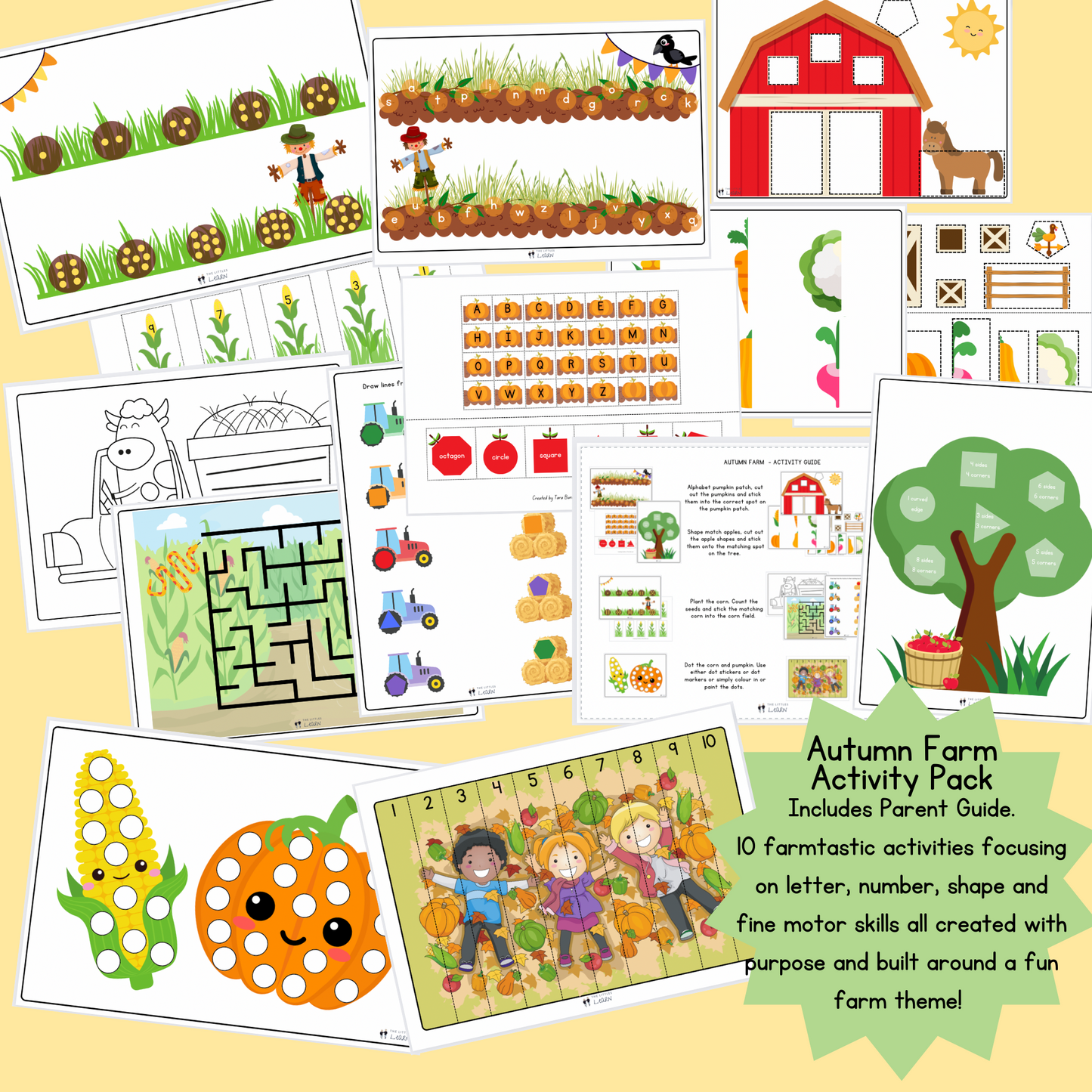 10 fall themed activities for children featuring brightly coloured pictures of farm scenes, a pumpkin patch, corn field, apple tree and vegetables.