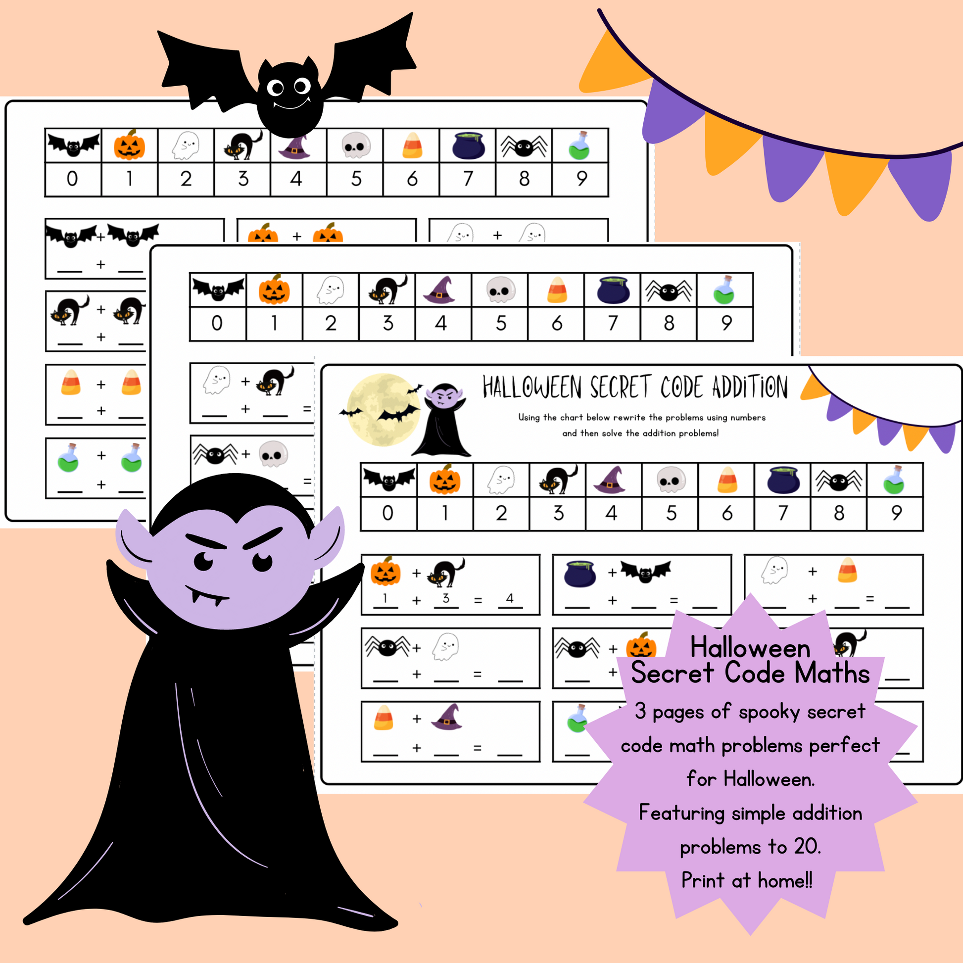 3 pages of halloween math activities. follow the code and match the halloween pictures to the numbers to help solve simple addition problems.