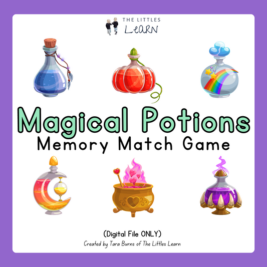 40 colourful potion bottles with numbers, combined to make a fun memory game for kids to print and play.
