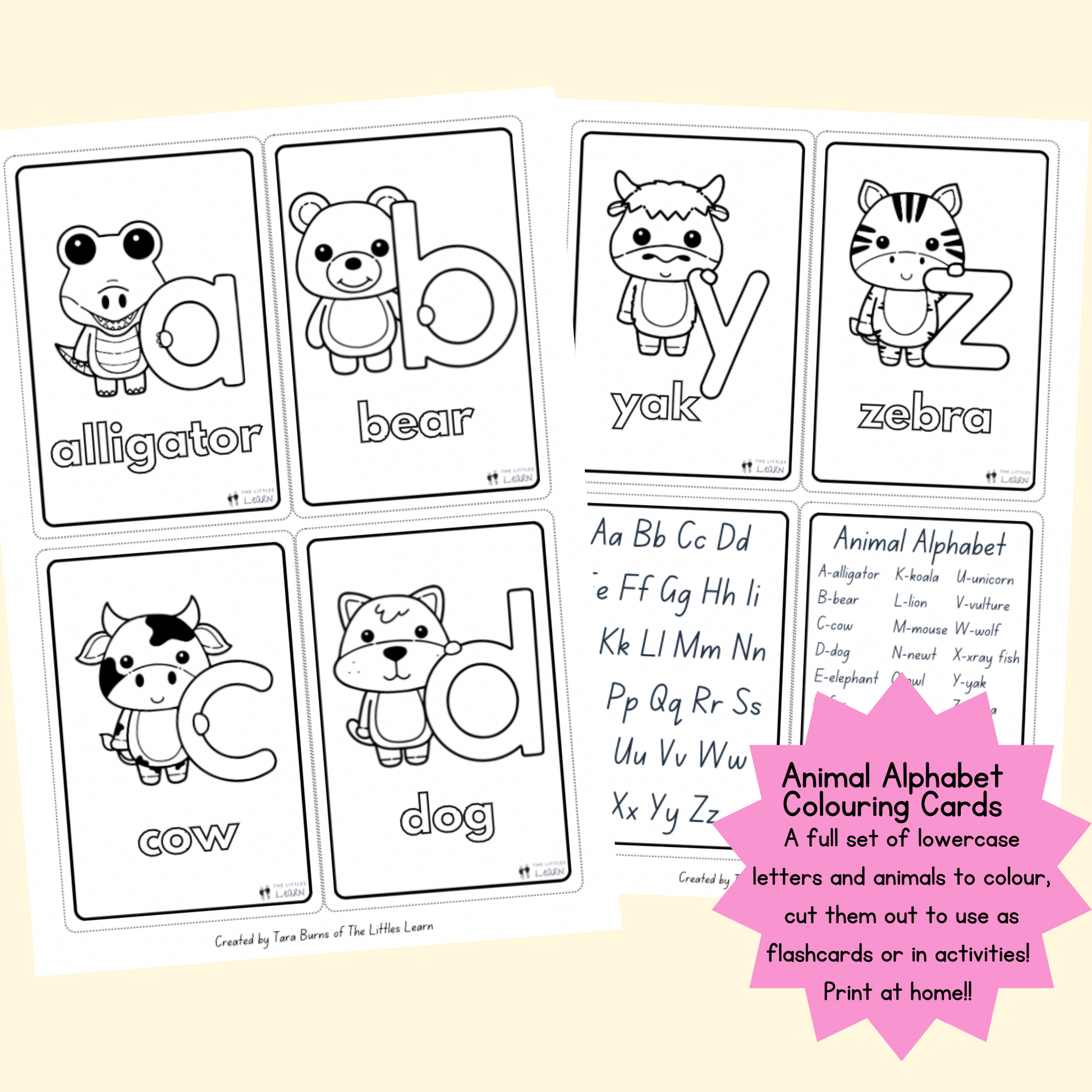 Printable flashcards featuring lowercase letters and cute animals for children to colour in.