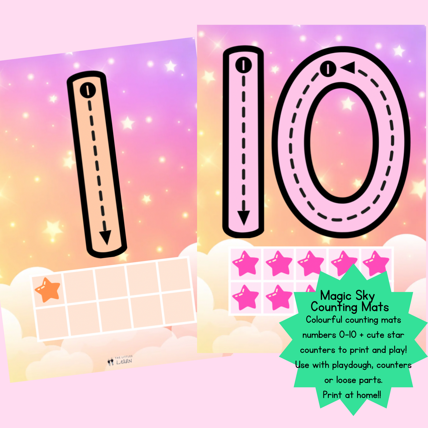 Beautiful pastel coloured mats with numbers in pastel colours to trace and colourful star counters to use in the pretty tens frame activity.
