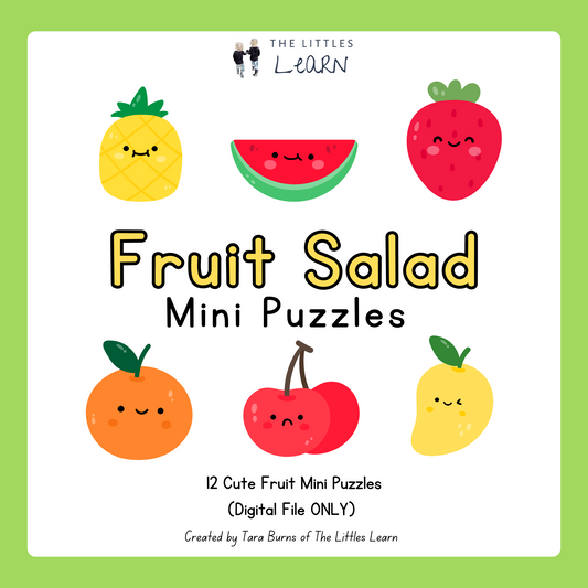 12 simple puzzles with cute brightly coloured fruit images.