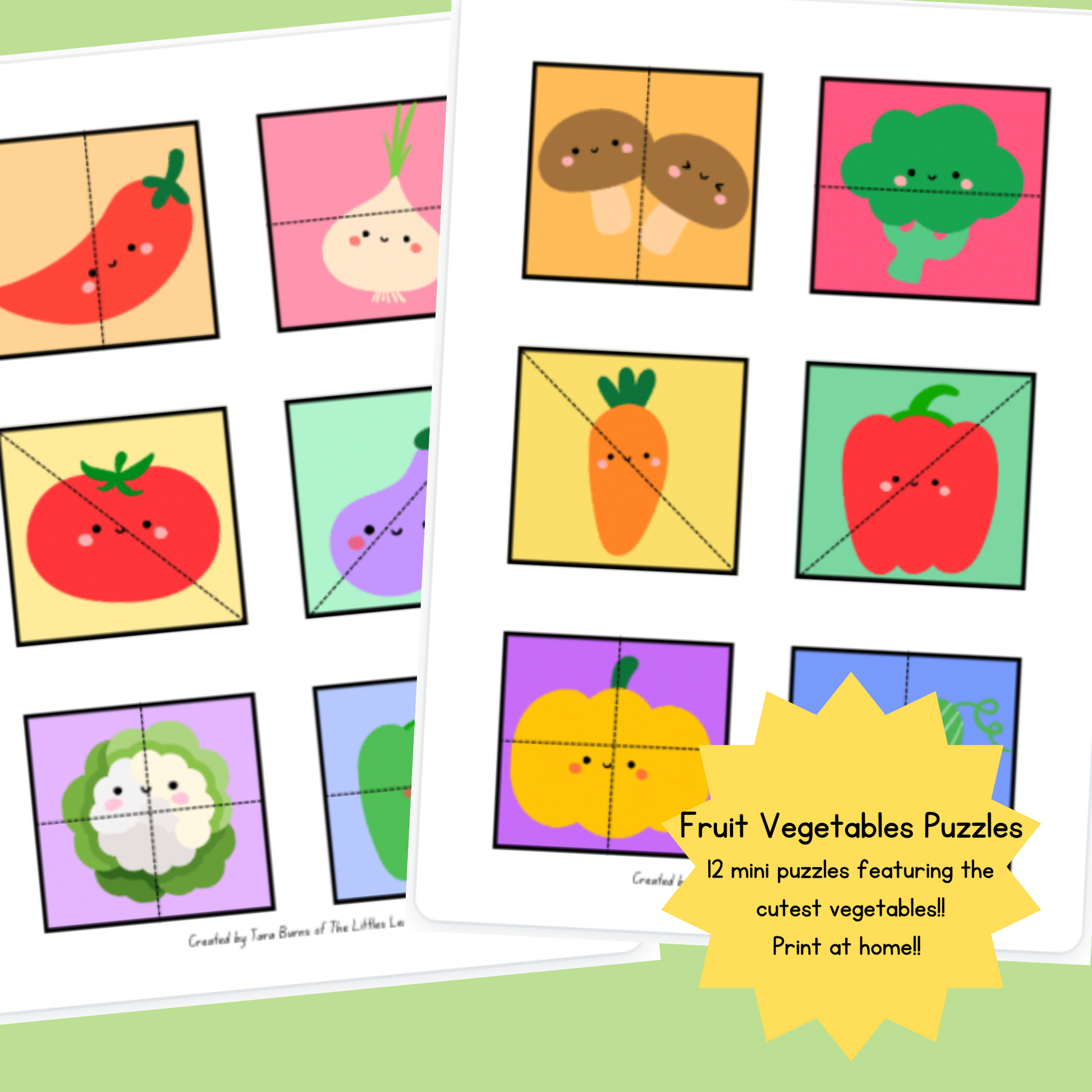 12 simple puzzles with cute brightly coloured vegetable images.