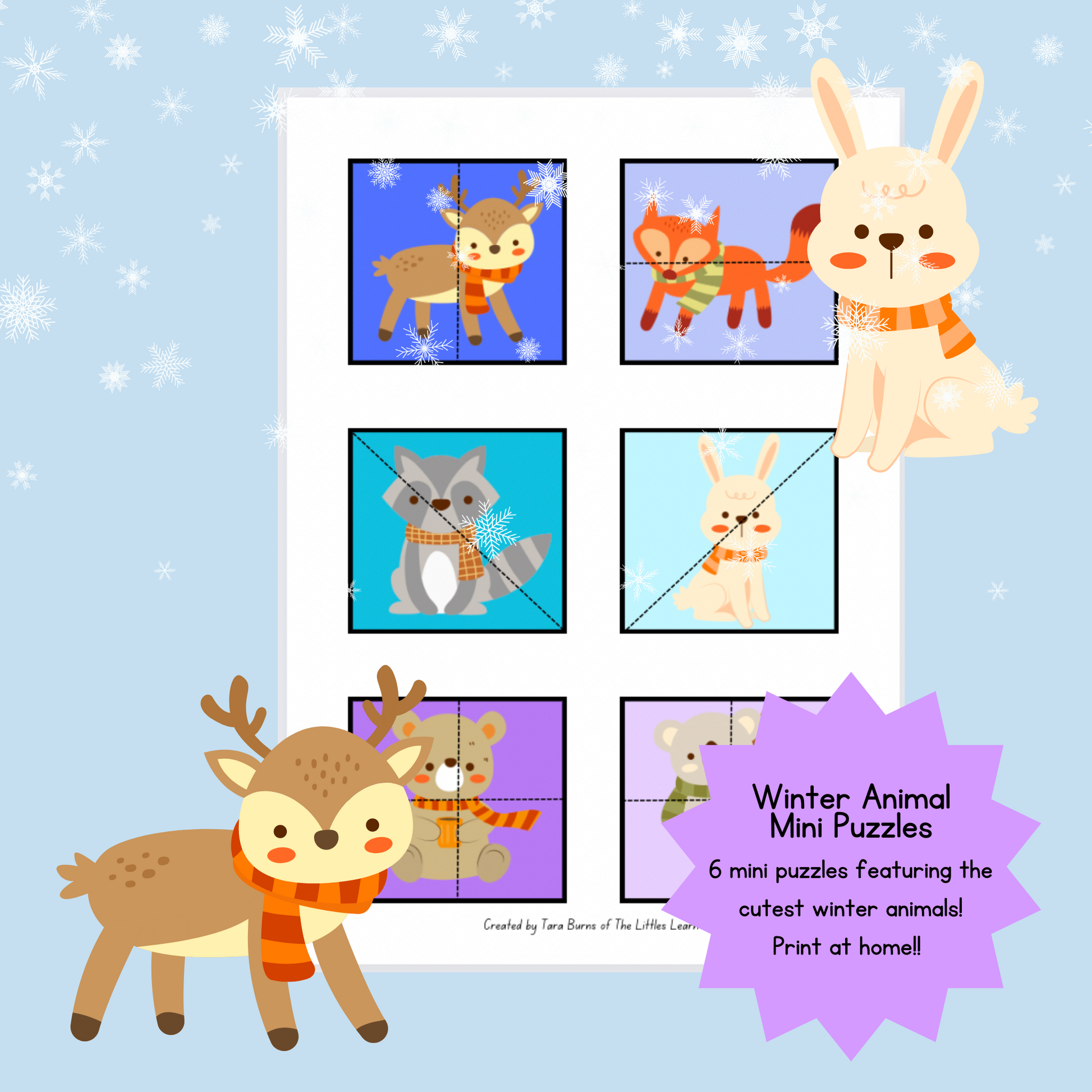 6 simple puzzles with cute winter animals wearing scarves!