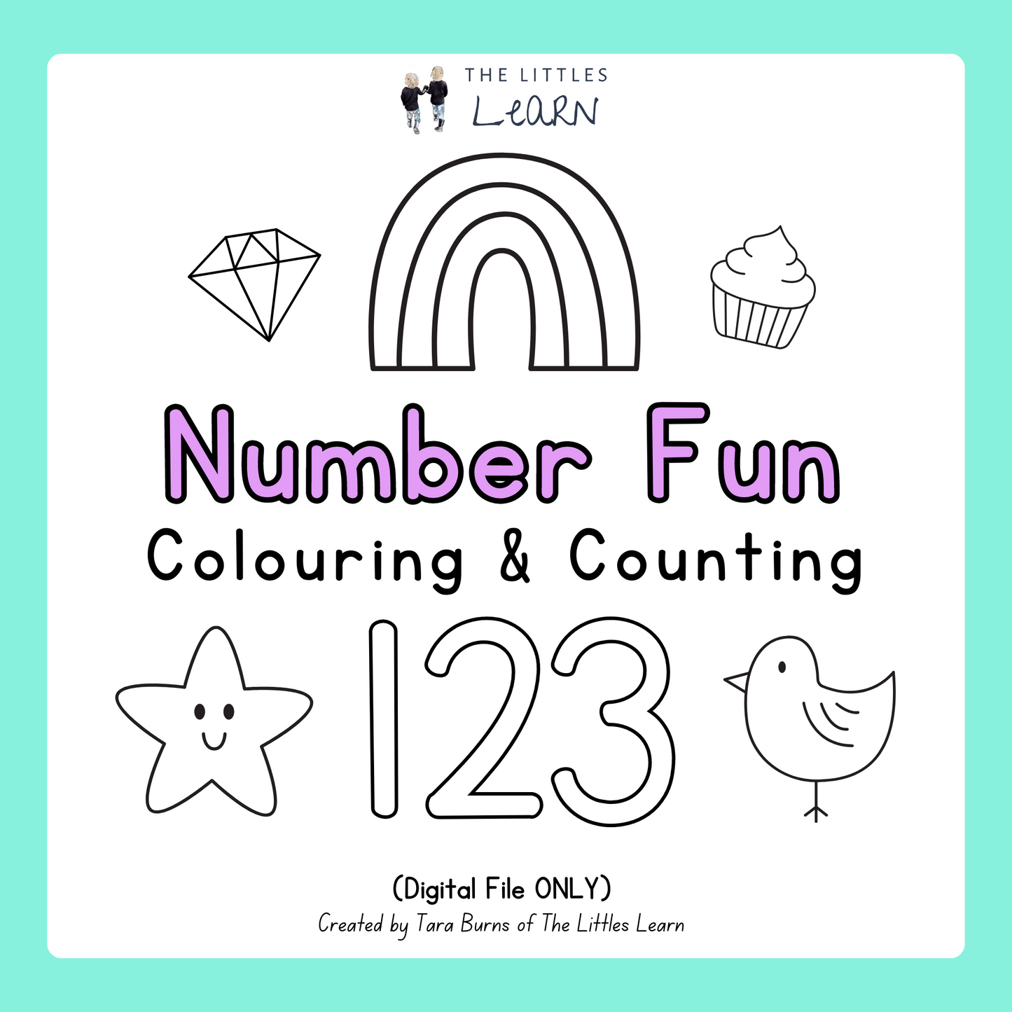 Pages featuring bold number to colour in and picture to count and colour, numbers 1-12