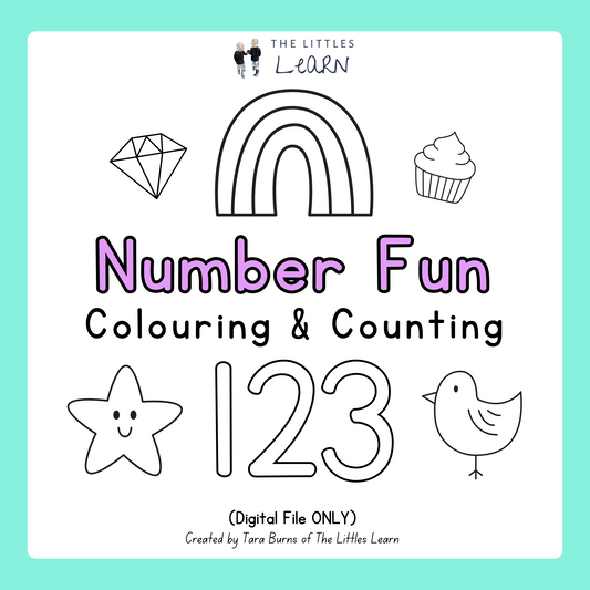 Pages featuring bold number to colour in and picture to count and colour, numbers 1-12