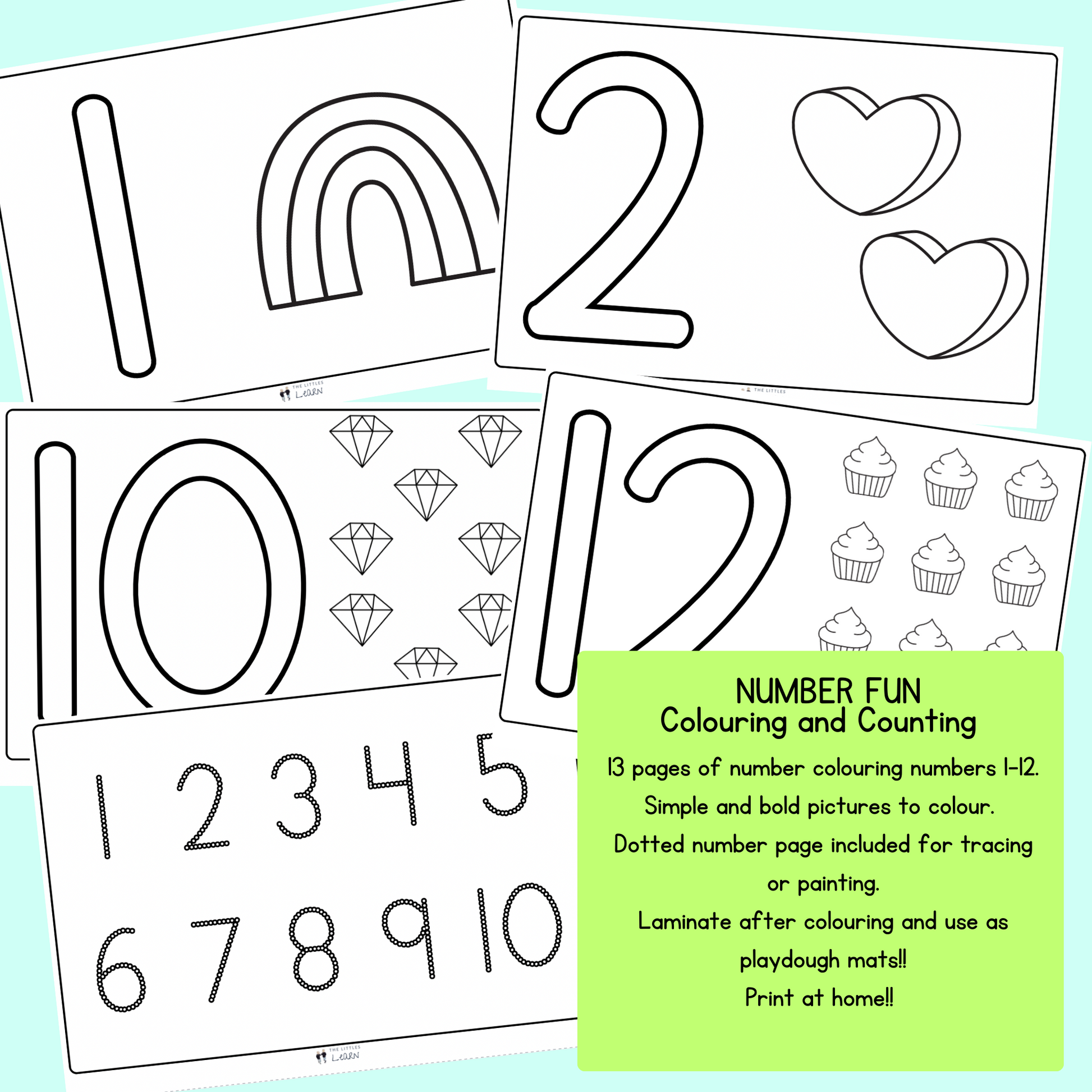 Pages featuring bold number to colour in and picture to count and colour, numbers 1-12
