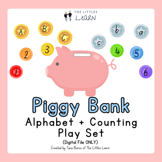 A large pink piggy bank to print and a mix of gold, silver and rainbow coins to help learn upper and lowercase letters, numbers and colours!