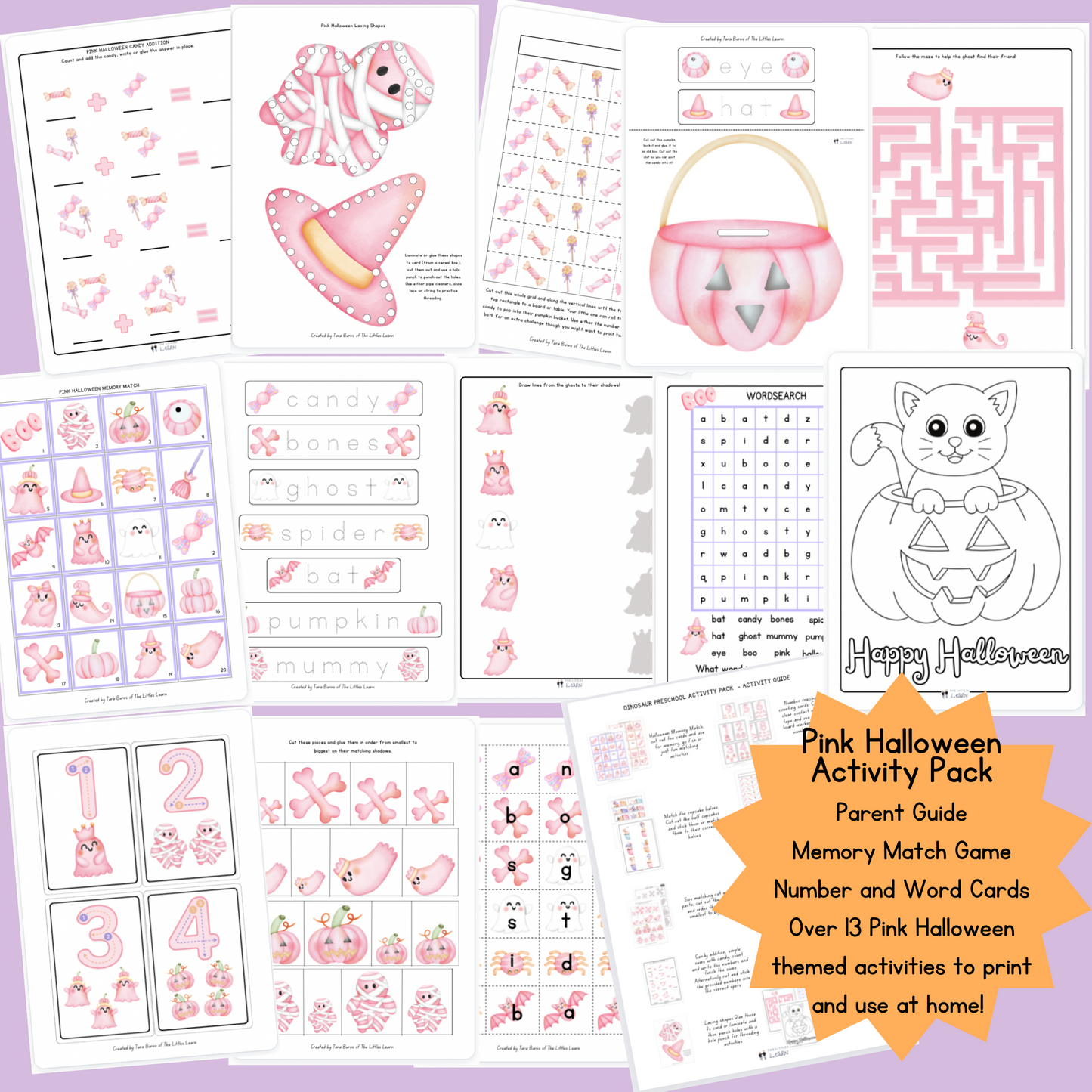 a printable halloween activity pack with more than 13 activities and all pink halloween images with cuteness overload.