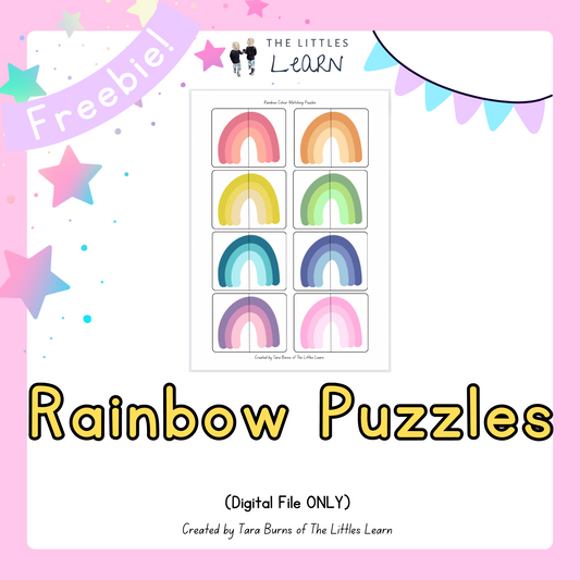 A cute set of rainbow puzzles to print and play at home, each puzzle with different coloured rainbow designs.