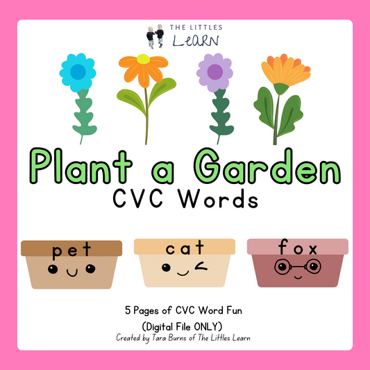 A Printable activity pack with 15 flower pots each with a CVC word on it for matching with the colourful flowers, cut the flowers out and match them to the pot.