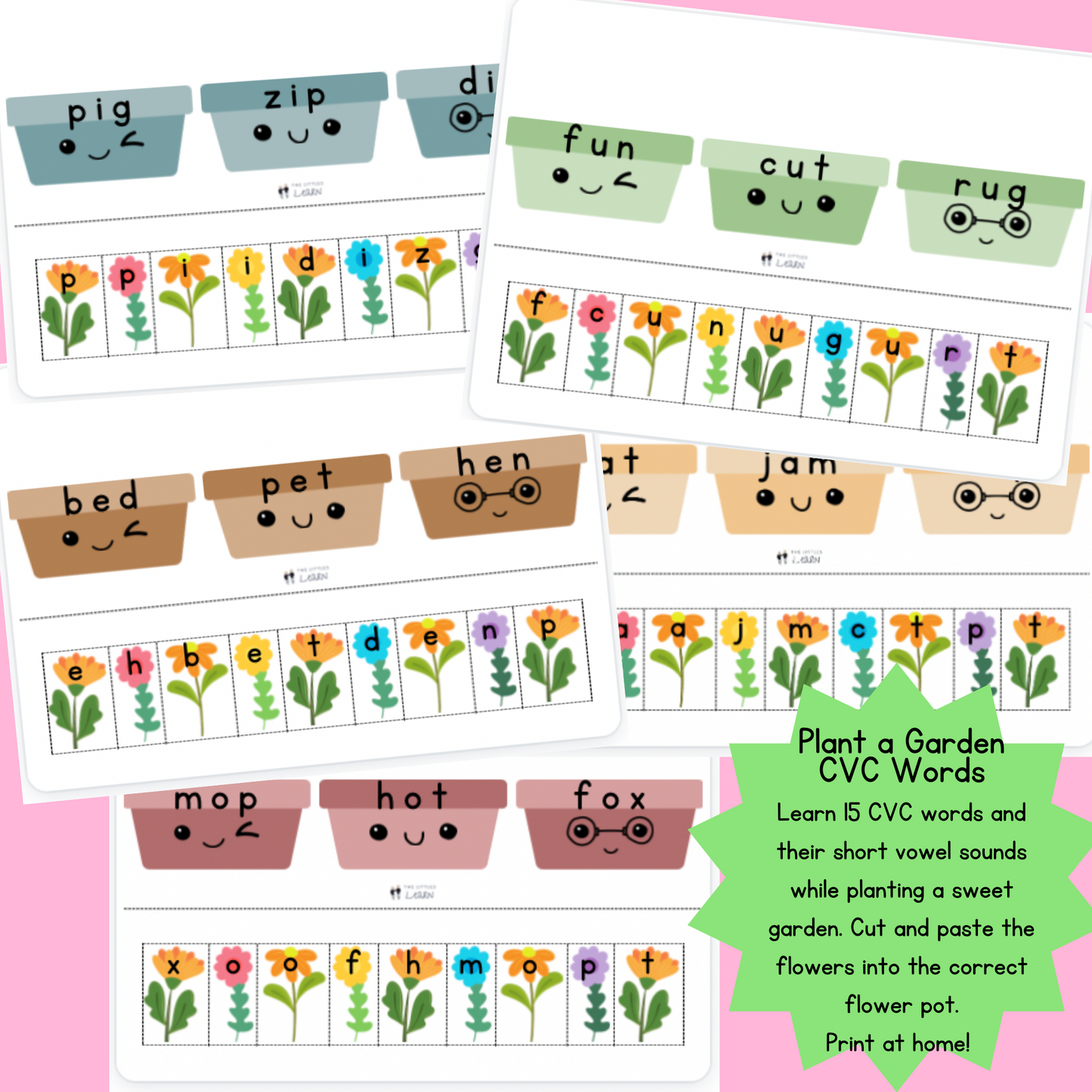 A Printable activity pack with 15 flower pots each with a CVC word on it for matching with the colourful flowers, cut the flowers out and match them to the pot.