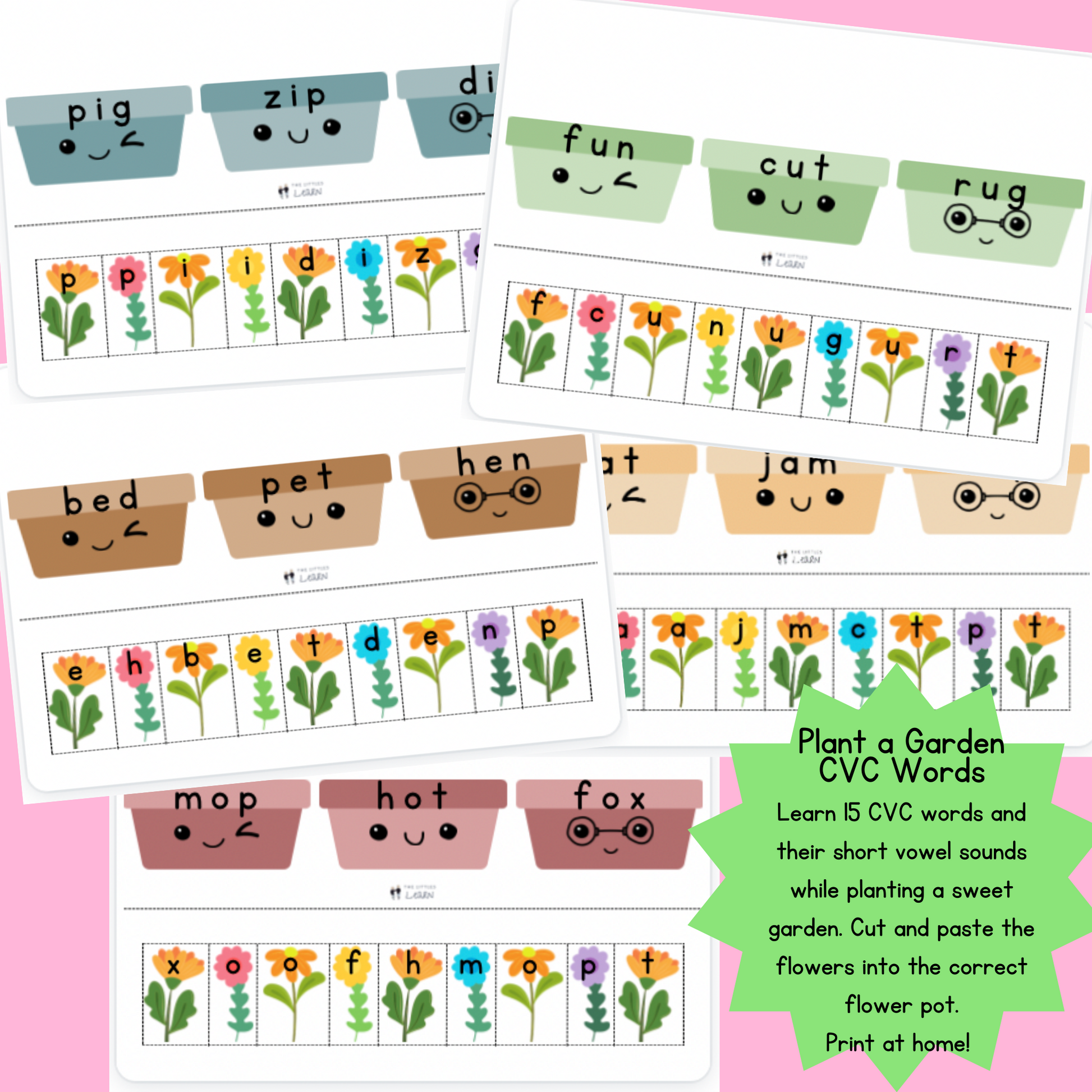 A Printable activity pack with 15 flower pots each with a CVC word on it for matching with the colourful flowers, cut the flowers out and match them to the pot.