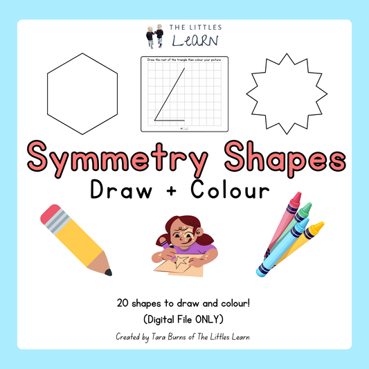 a fun drawing pack of printable pages featuring a simple grid design and half a shape for little ones to complete the drawing and then colour in.
