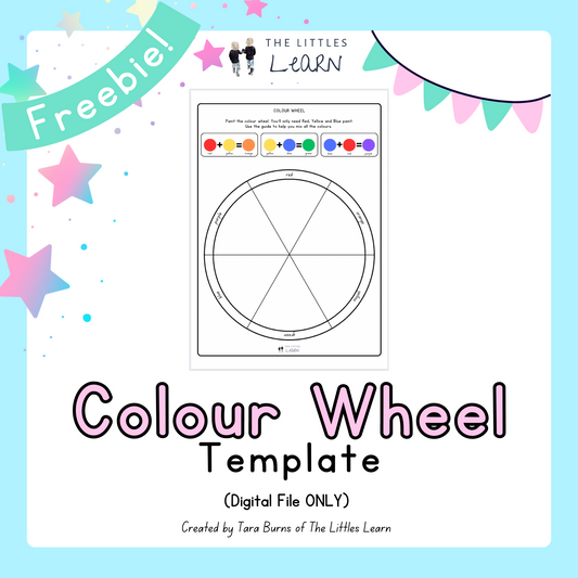 A simple colour wheel template with colour mixing guide.