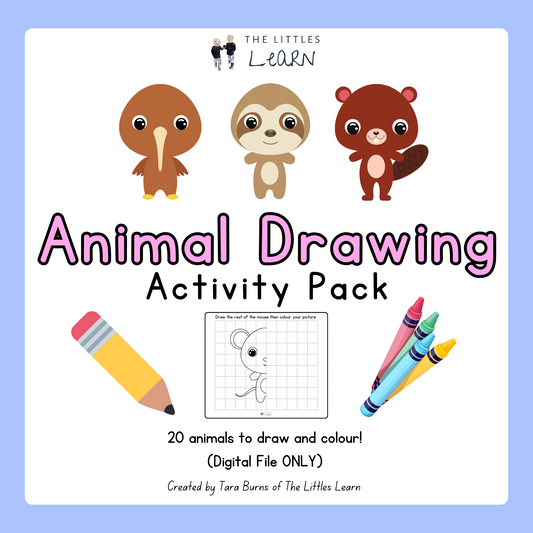 a fun drawing pack of printable pages featuring a simple grid design and half an animal for little ones to complete the drawing and then colour in.