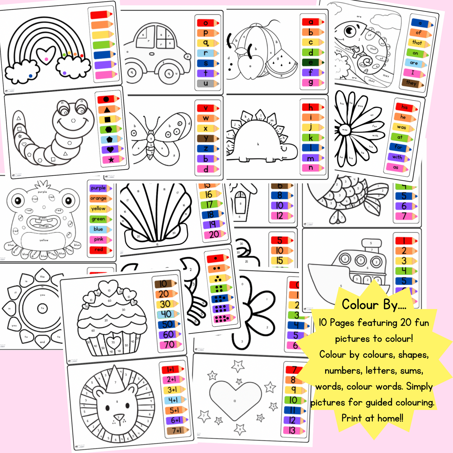 20 colouring pictures featuring bold and simple pictures to colour in using colour codes, shape matching, numbers, alphabet or words to colour in each picture.