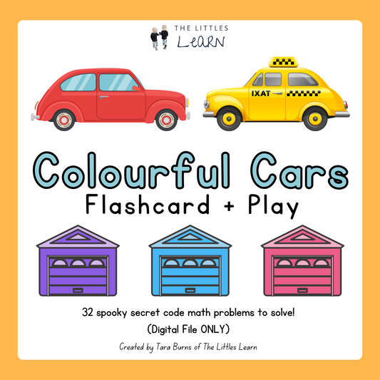 Colour flashcards with cute colourful cars combined with mini cars and a sweet garage playmat