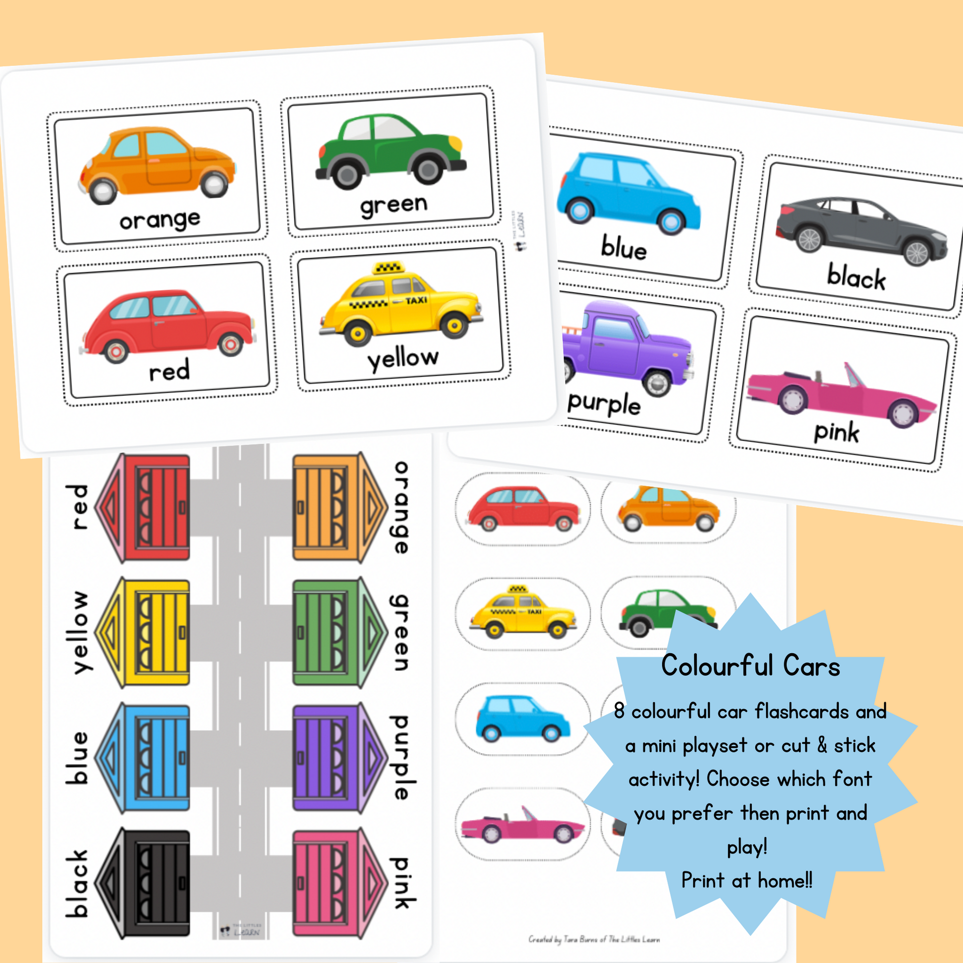 Colour flashcards with cute colourful cars combined with mini cars and a sweet garage playmat