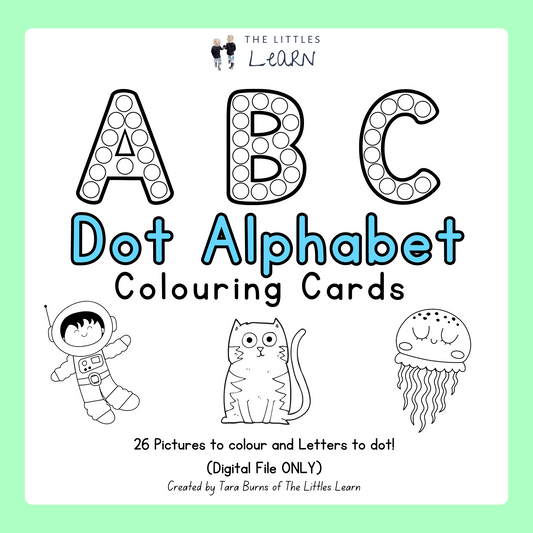 Cards for each letter of the alphabet featuring a large bold uppercase letter with circles inside to add either dot stickers or dot markers to help learn alphabet. Next to each letter is a picture to colour of something beginning with that letter.
