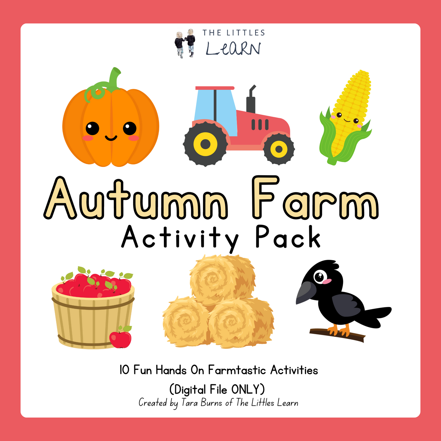 10 fall themed activities for children featuring brightly coloured pictures of farm scenes, a pumpkin patch, corn field, apple tree and vegetables.