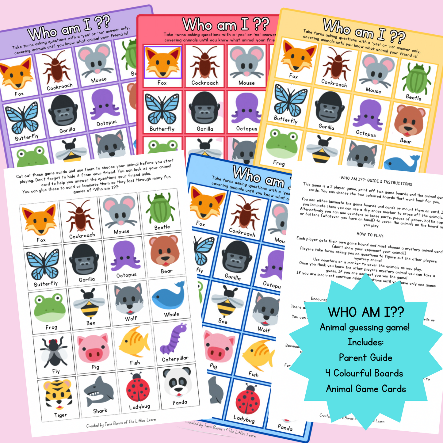 Colourful animal boards featuring 24 cute animal faces for a fun print at home version of the classic guess who game.