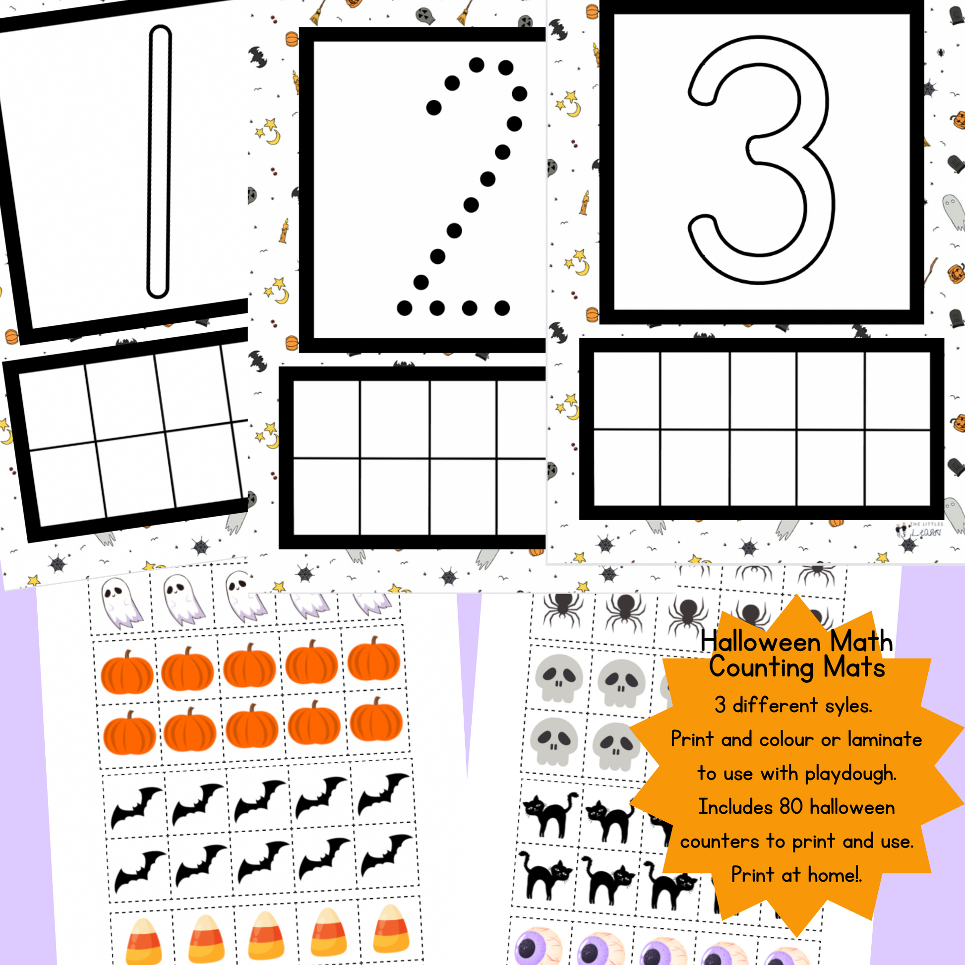 Printable play mats featuring numbers and tens frame for practicing counting and number skills, includes colourful math themed counters