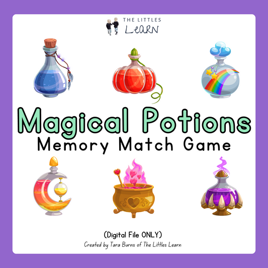 40 colourful potion bottles with numbers, combined to make a fun memory game for kids to print and play. 