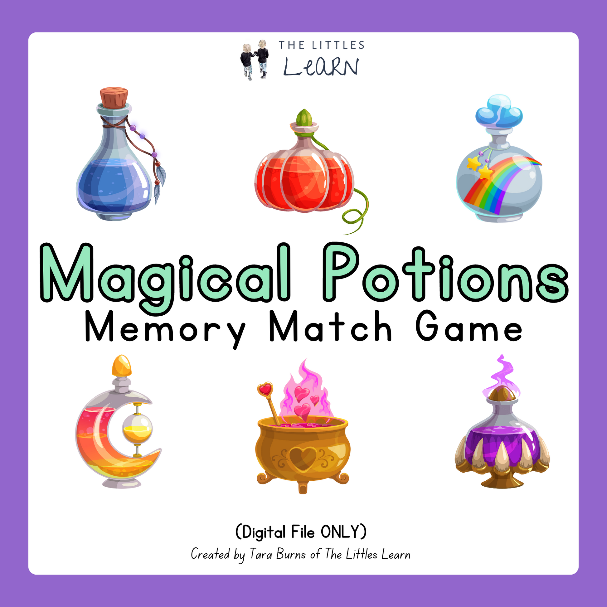 40 colourful potion bottles with numbers, combined to make a fun memory game for kids to print and play. 