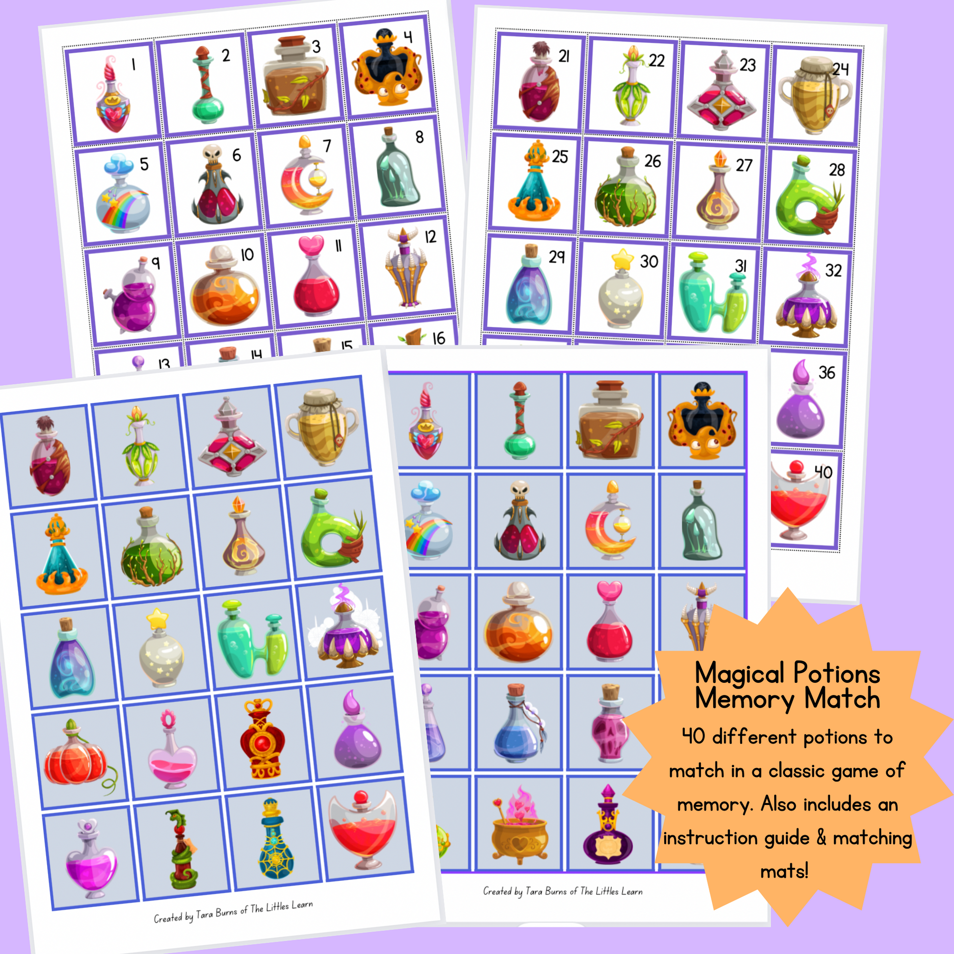 40 colourful potion bottles with numbers, combined to make a fun memory game for kids to print and play. 