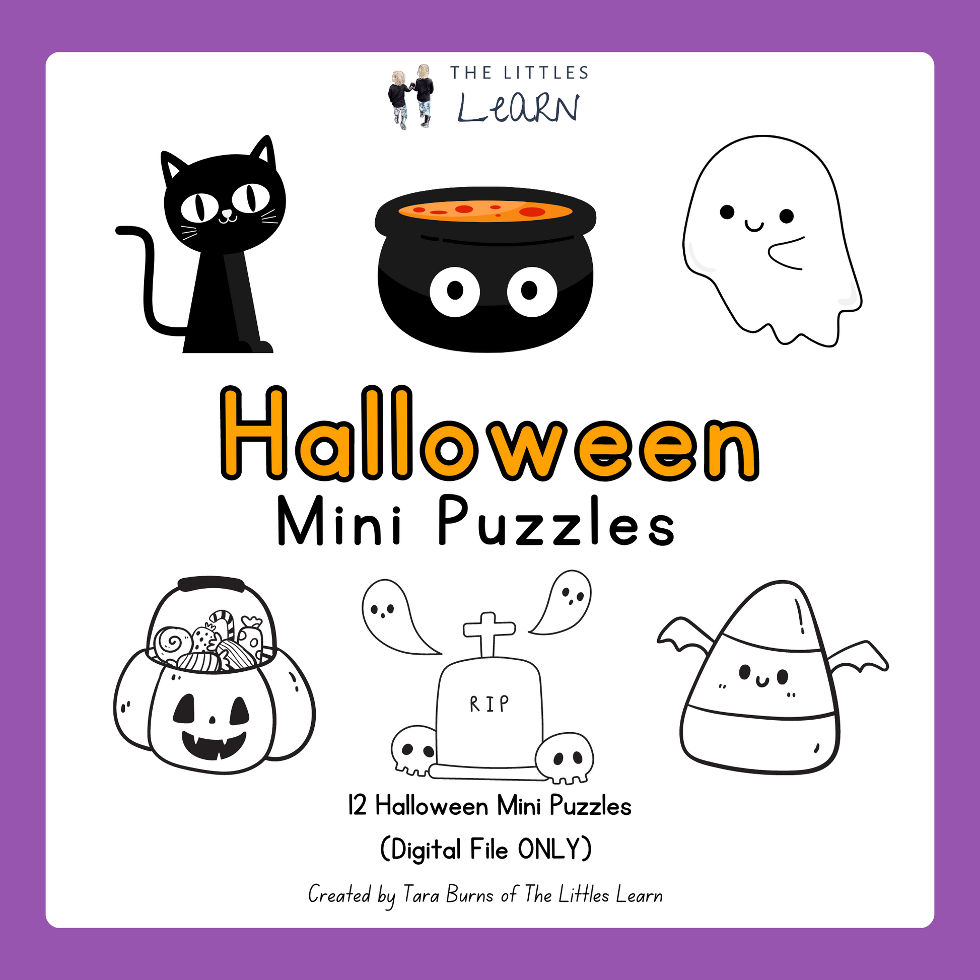 Simple halloween puzzles to print and play, colour your own with cute halloween images.