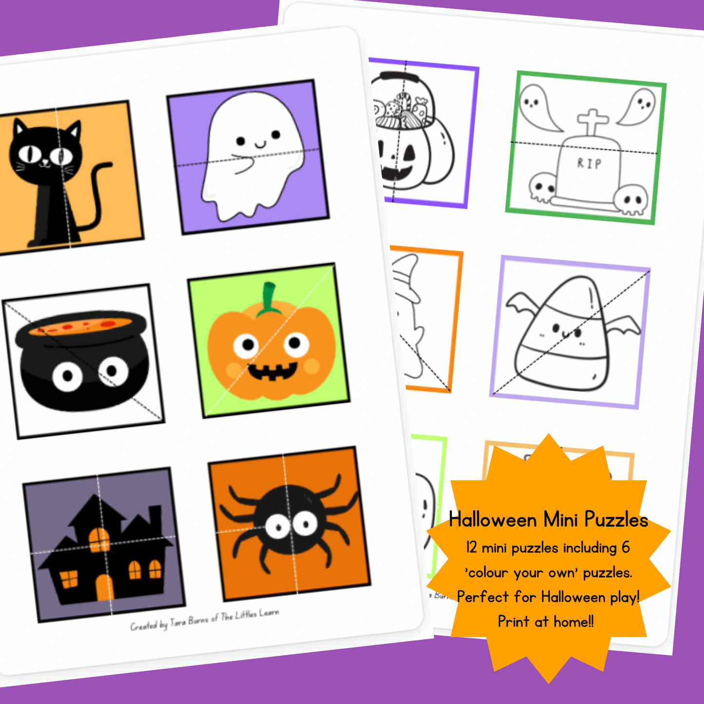 Simple halloween puzzles to print and play, colour your own with cute halloween images.