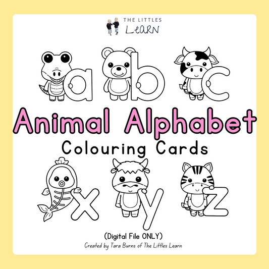 Printable flashcards featuring lowercase letters and cute animals for children to colour in.