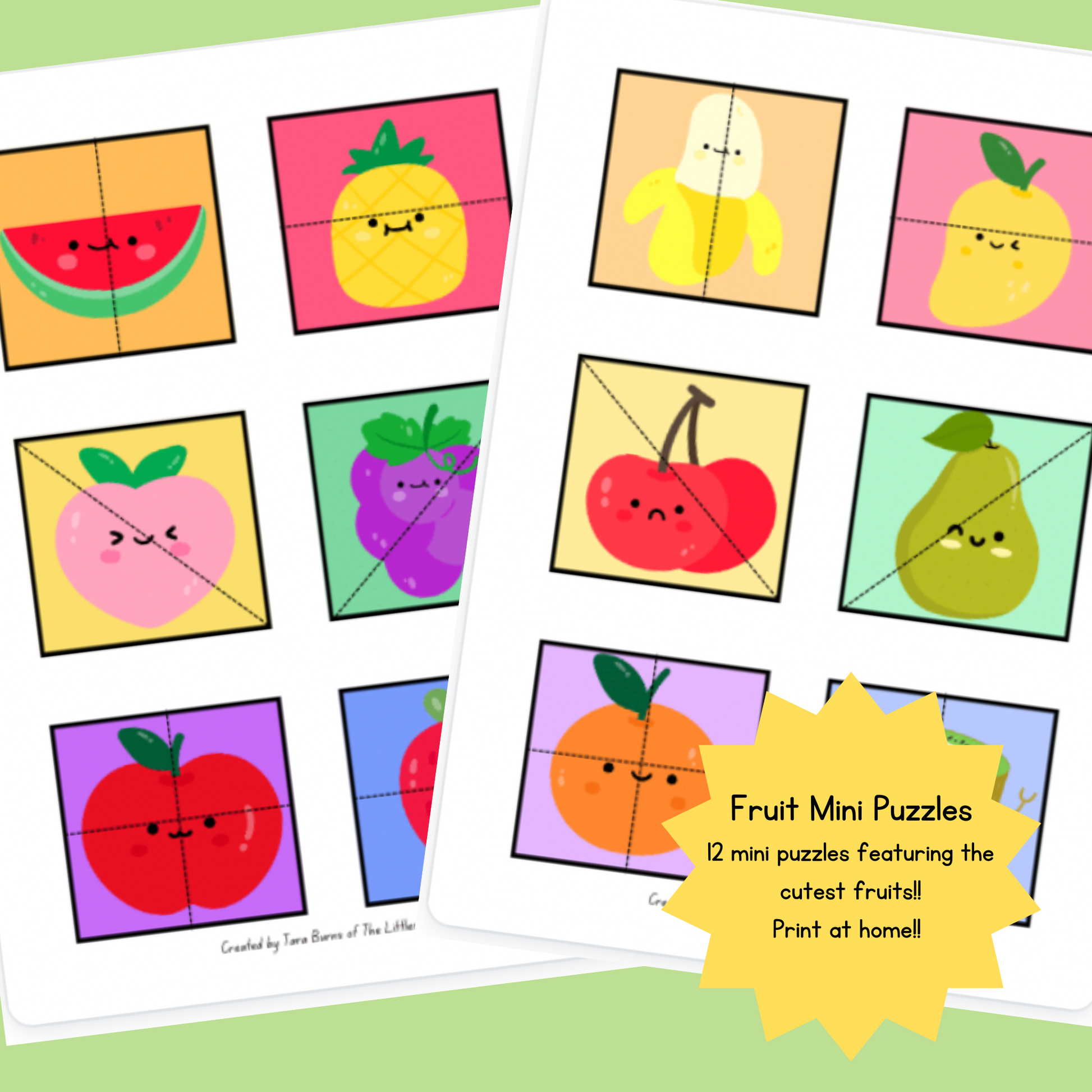 12 simple puzzles with cute brightly coloured fruit images.