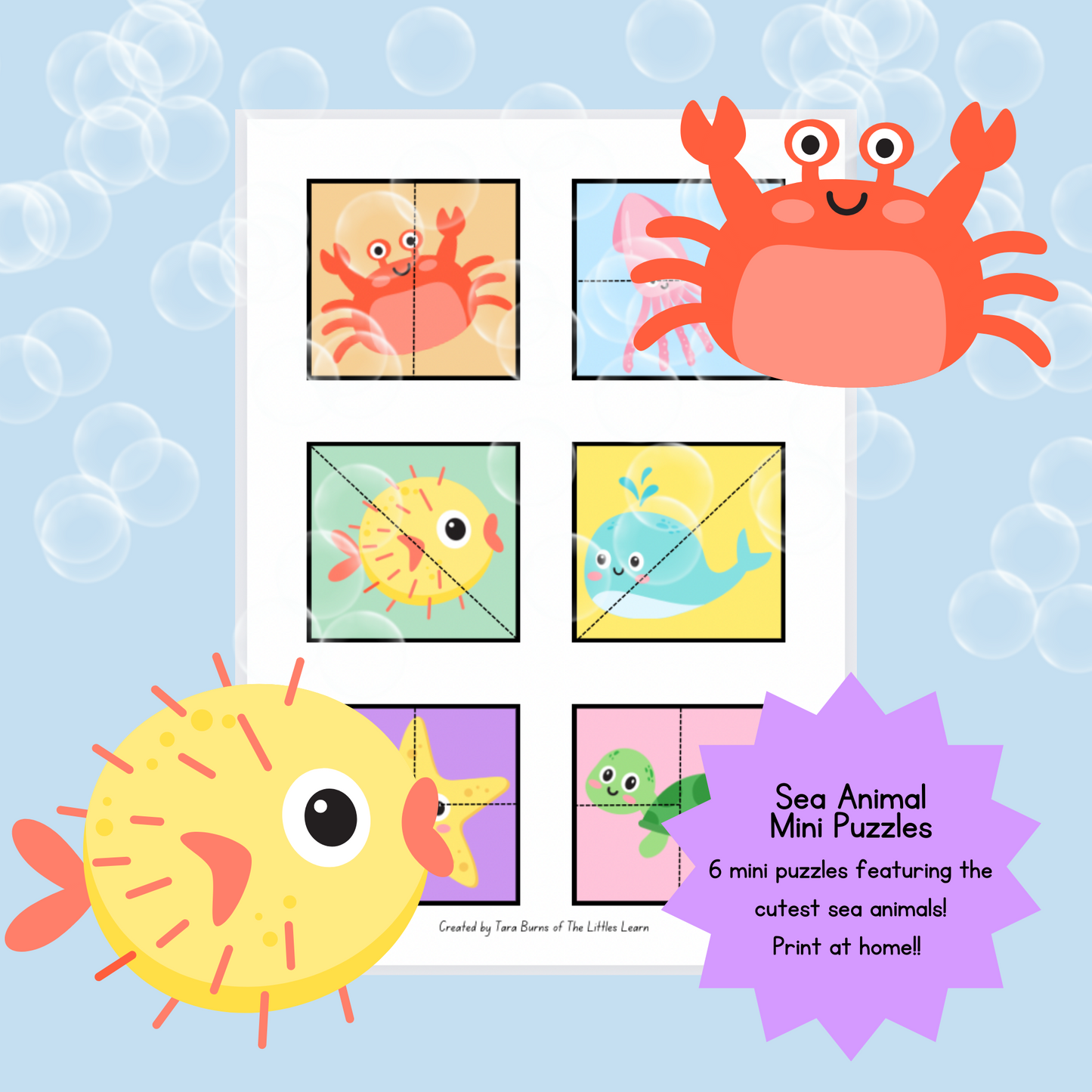 6 simple puzzles with brightly coloured cute sea animals