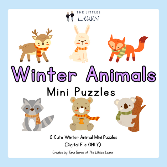 6 simple puzzles with cute winter animals wearing scarves!