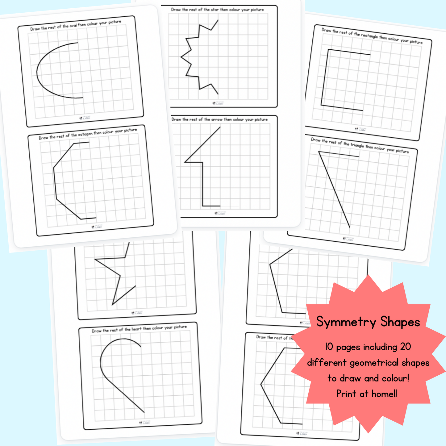 a fun drawing pack of printable pages featuring a simple grid design and half a shape for little ones to complete the drawing and then colour in.